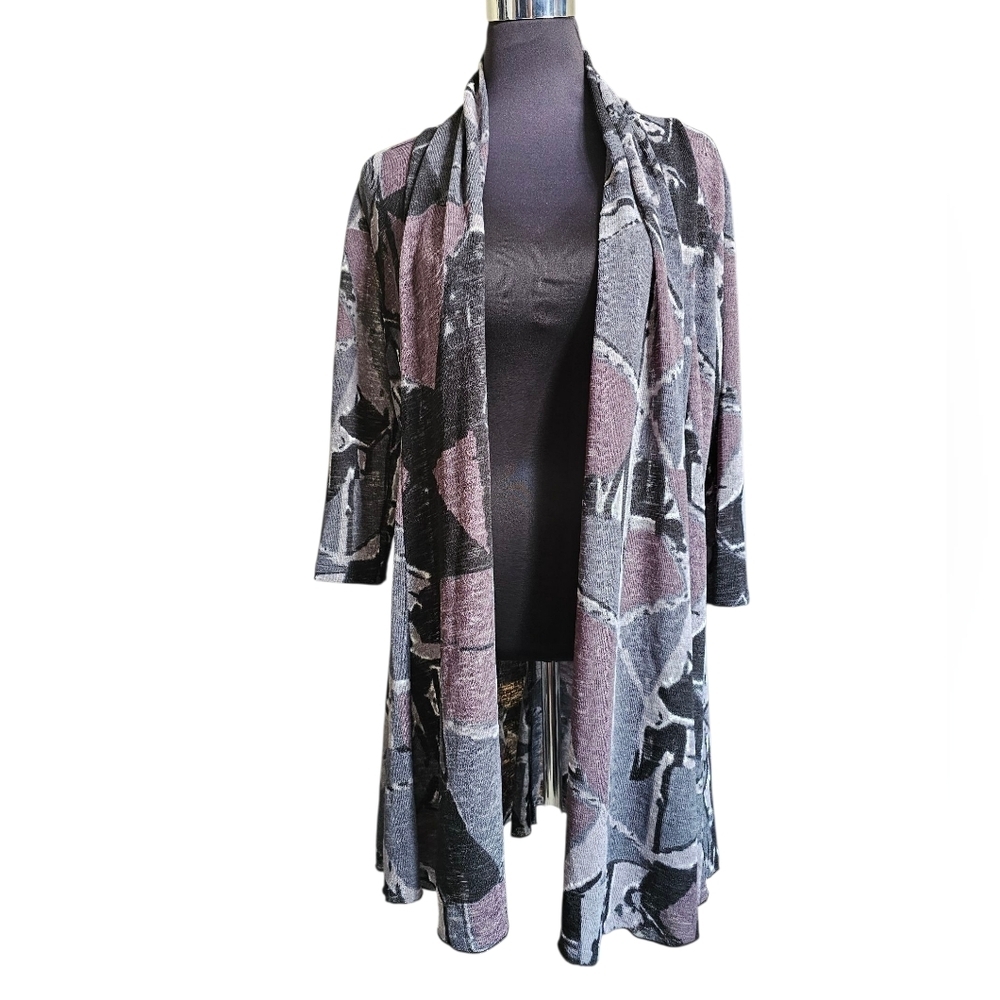 CREATION 3/4 Sleeve Purple & Gray Open Front Cover Up Cardigan Size XL NWT
